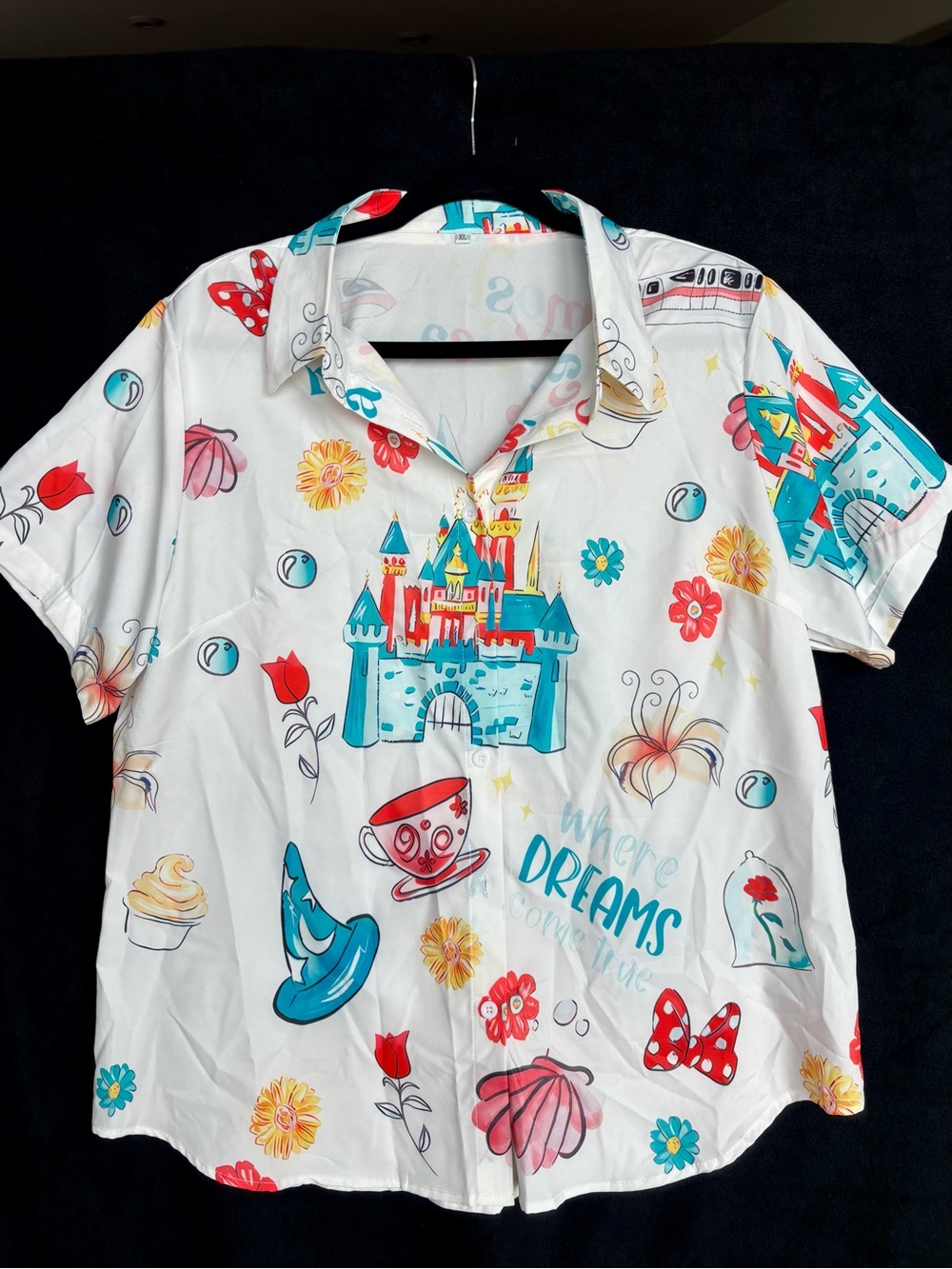 Women’s White Short-Sleeve Button-Down Shirt with Colorful Castle Print
